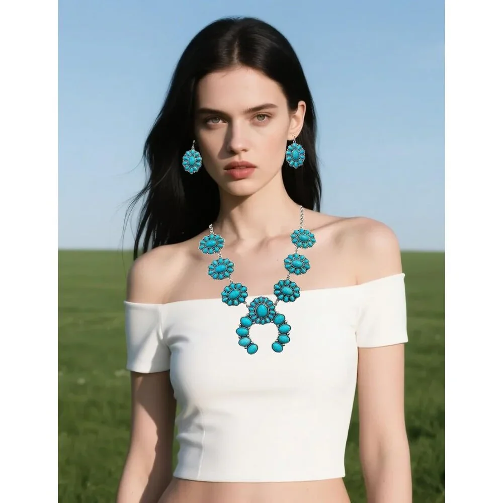Chic Synthetic Turquoise Necklace with Matching Bohemian Earrings - Women's Set